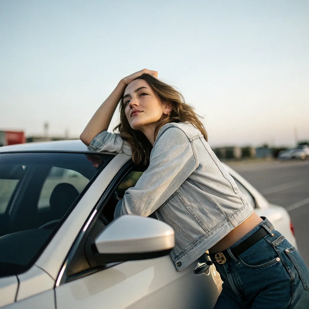 Emily leaning on her car