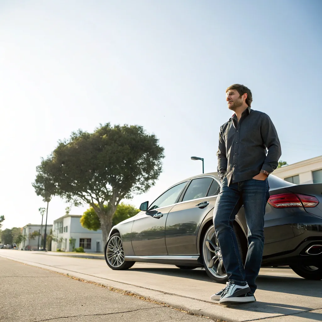 James standing with his car