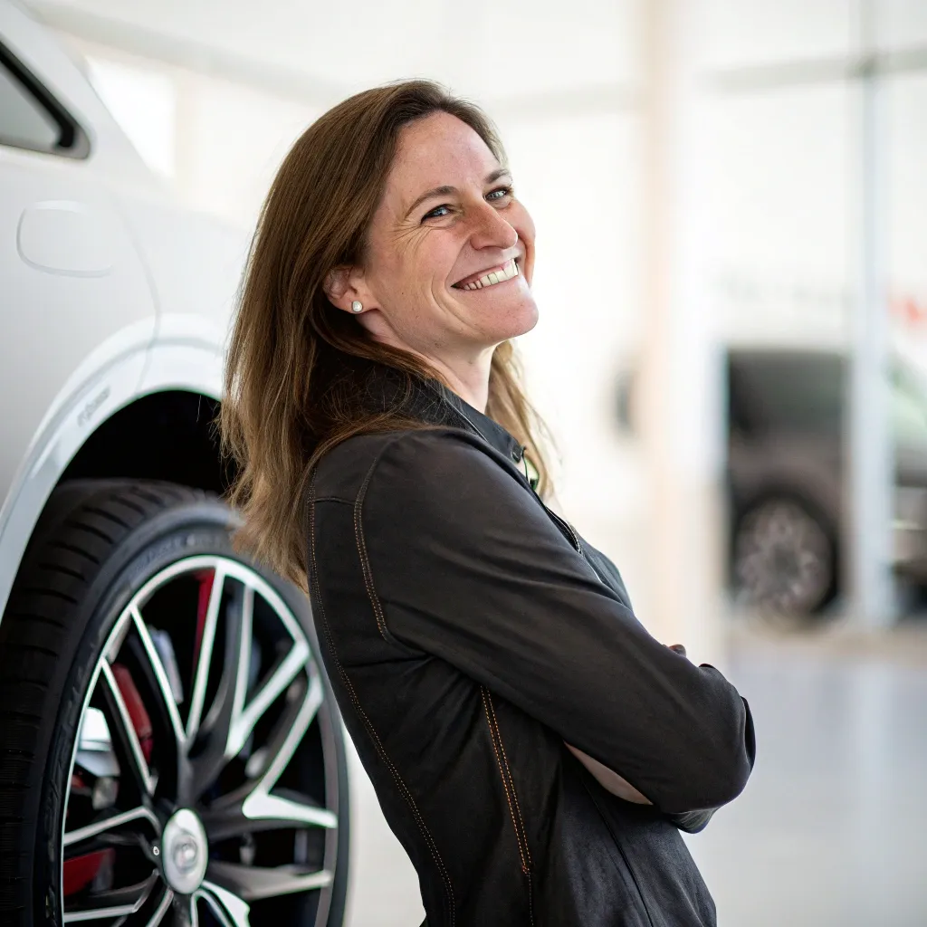 Sarah smiling against a car's wheel