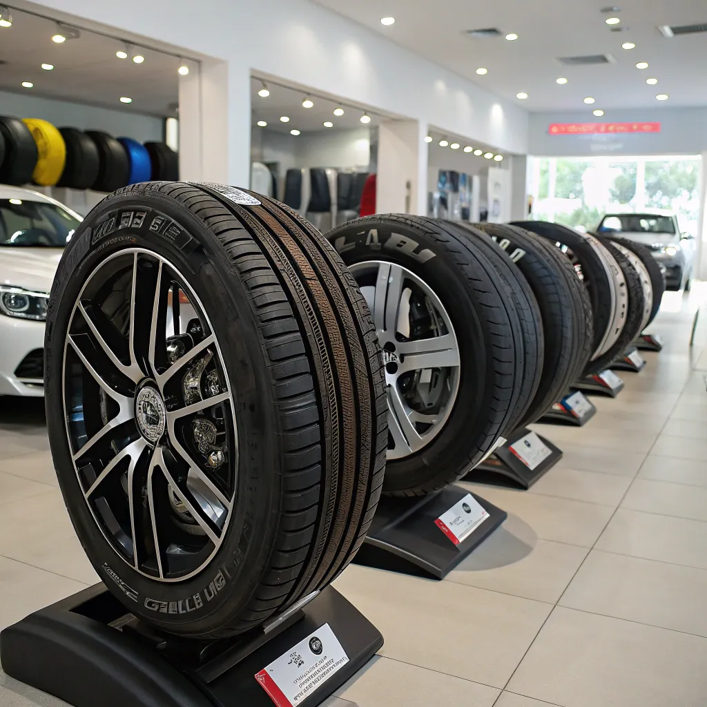 Various types of car tires displayed in a showroom